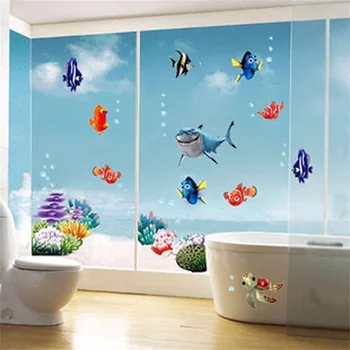 Прекрасен морски свят пъстри риби животни винил и стенни художествени прозорци декор за баня стенни стикери за детска стая детска стая 0