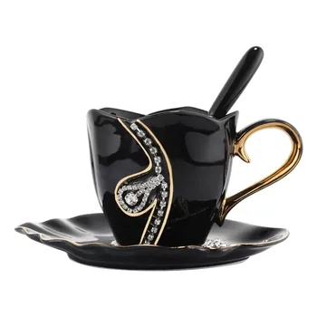 Творчески комплект керамични кафеени чаши и блюдец с диаманти в европейски стил, луксозен класически комплект за следобеден чай, така и за двойки, чаши за чай с мляко за закуска 0